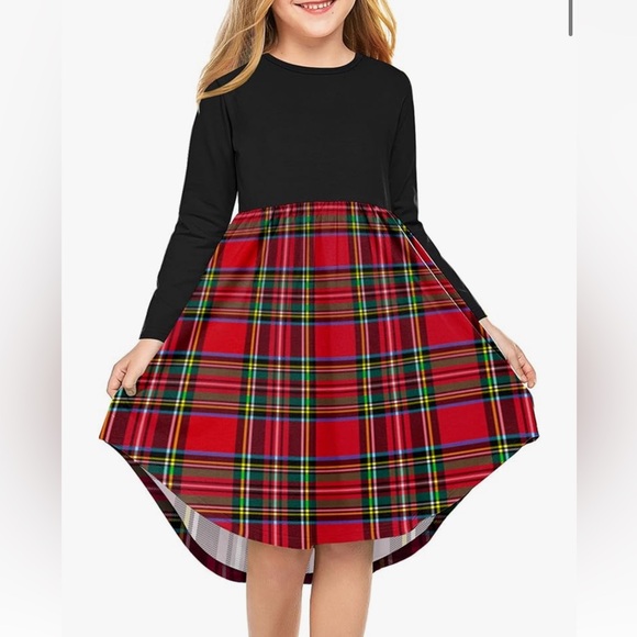 Girls Arshiner Black and Red Flannel Midi Dress - Picture 1 of 2